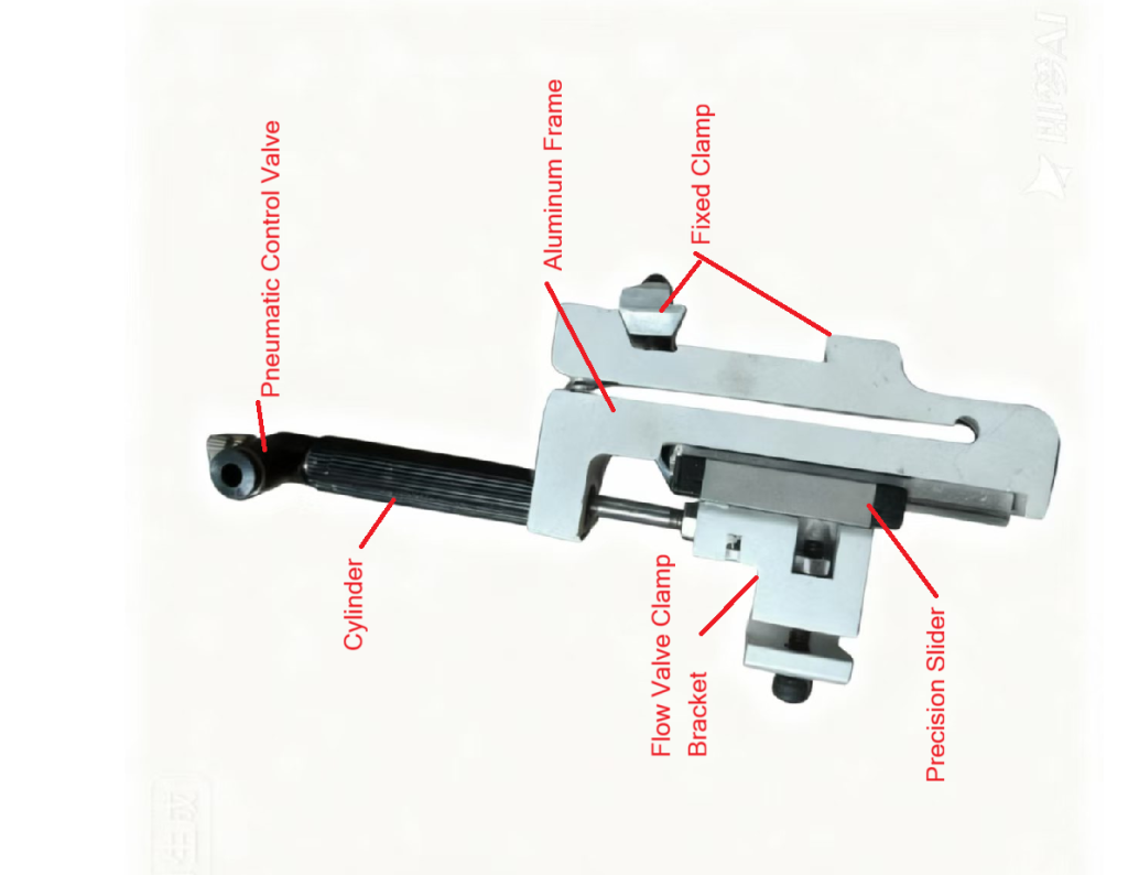Annotated diagram of pneumatic bracket for PVC drip molding machine, marked component parts of aluminum alloy cylinder support